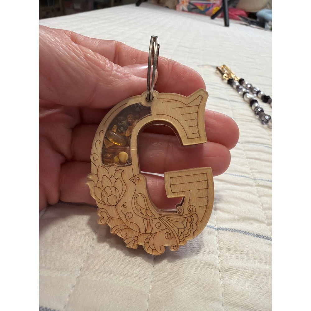 Wooden Letter G Keychain with Amber Stone Inlay Floral Bird Etched Wood Charm